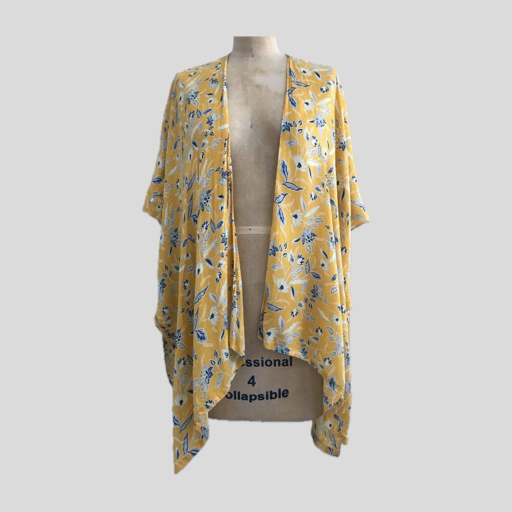 LOFT Yellow Blue Floral Lightweight Kimono Top, Womens Size S